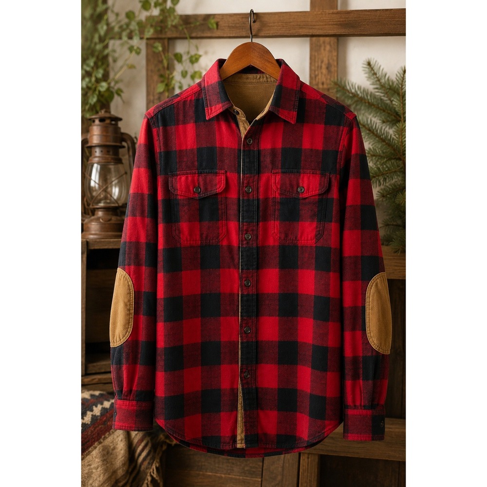 Roots Canada Mens Red Black Buffalo Plaid Flannel Shirt Elbow Patches Medium